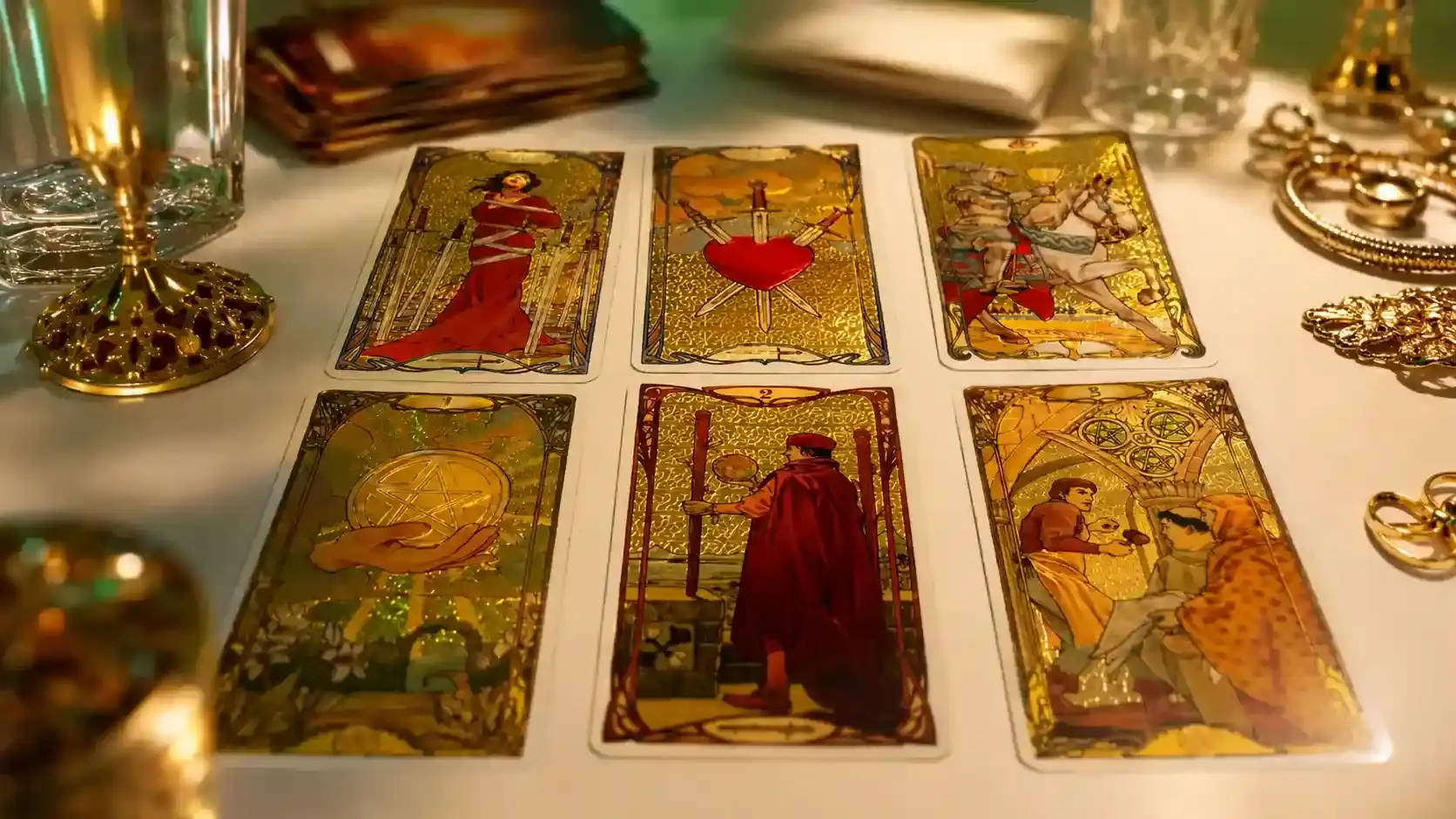 Mesa de tarô com seis cartas dispostas, taças douradas e velas